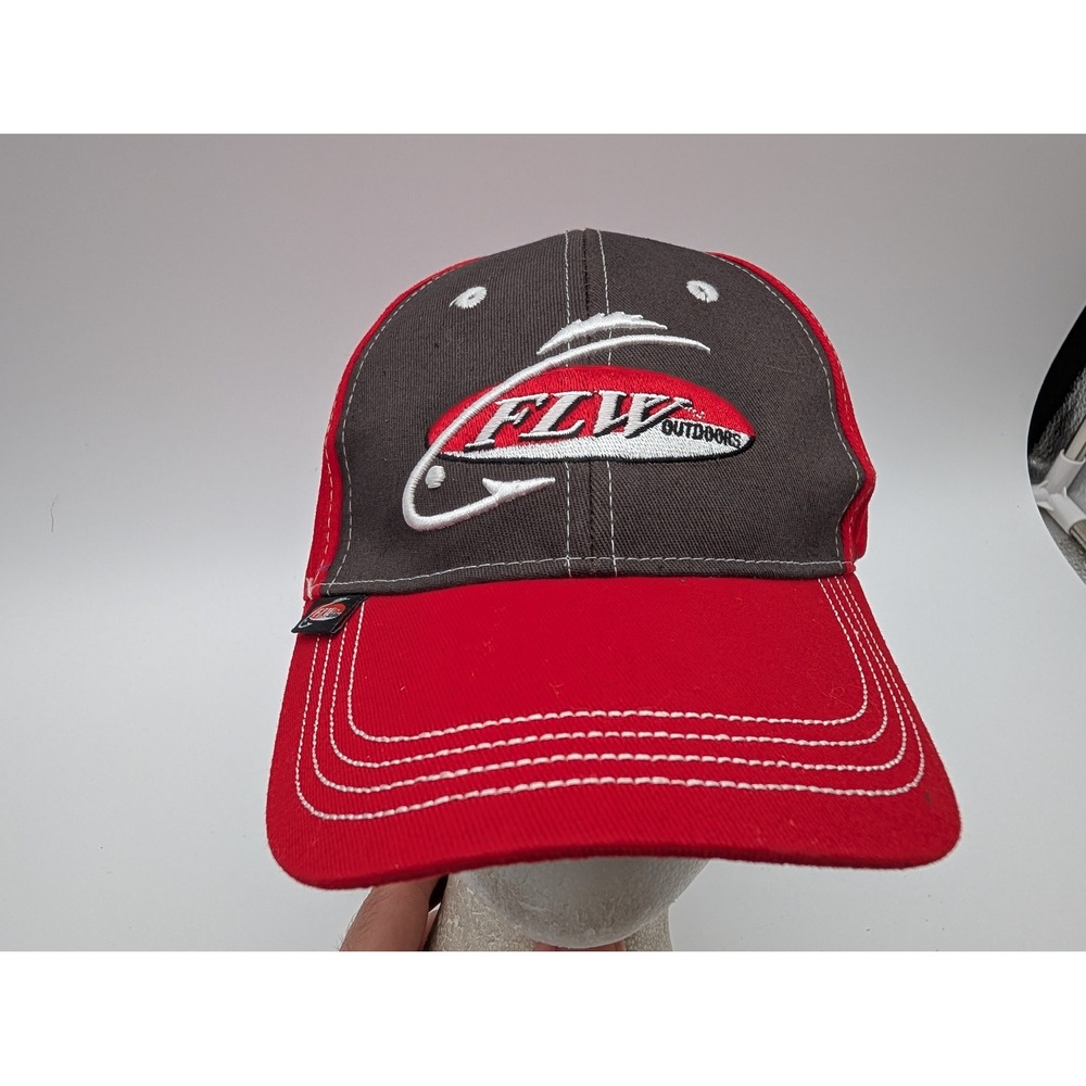 FLW Outdoors Fishing Hat Red Charcoal Gray Embroidered Adjustable Baseball Cap